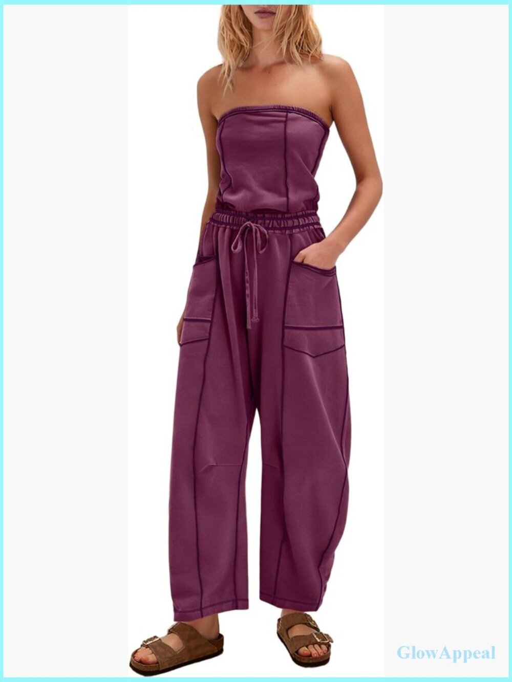 Strapless Jumpsuit Off Shoulder Barrel Overalls Loose Fit Romper Pockets